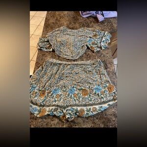 SHEIN Floral Two-Piece Set in Blue and Brown